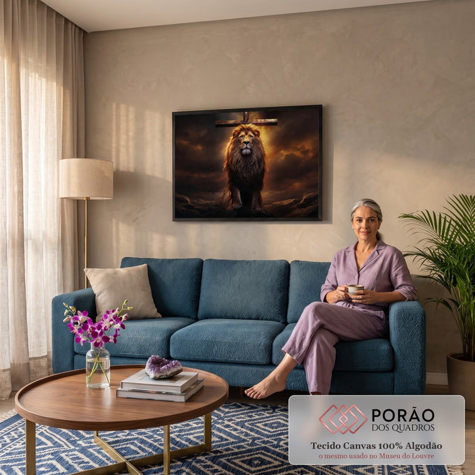 Leão de juba dourada sobre rocha diante de cruz de madeira e céu dramático, quadro decorativo