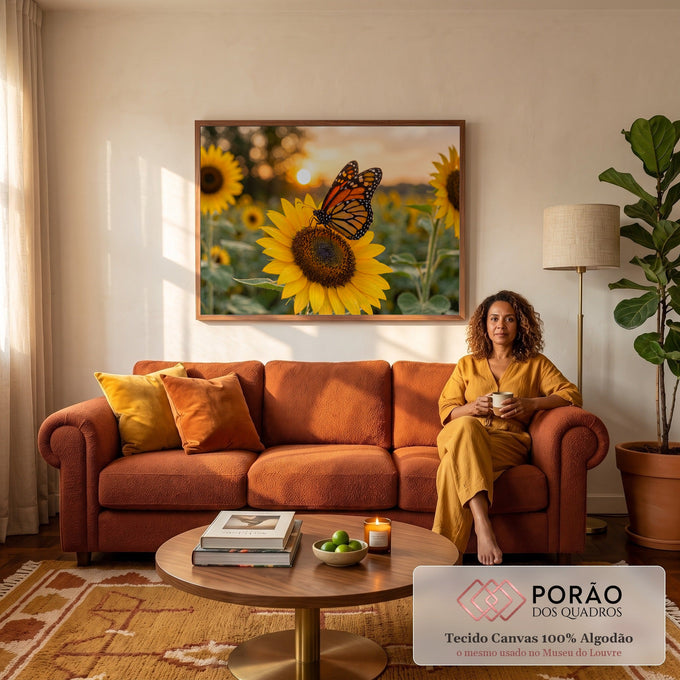 Quadro Decorativo Grande Borboleta Monarca para Sala Amarelo | quadros decorativos para sala de estar | borboleta-monarca pousada em girassol com pôr do sol ao fundo | em ambiente 3 | Porao dos Quadros