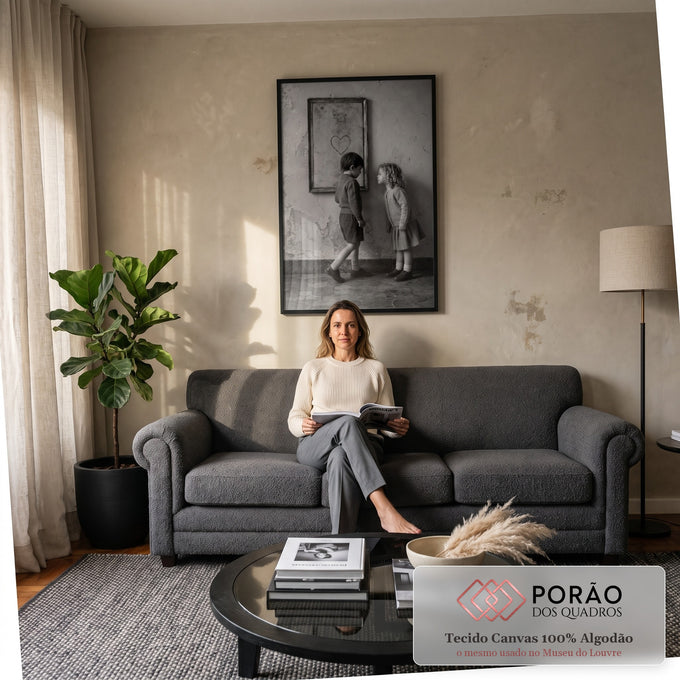 Menino e menina em foto preto e branco diante de espelho antigo com coração desenhado, quadro decorativo