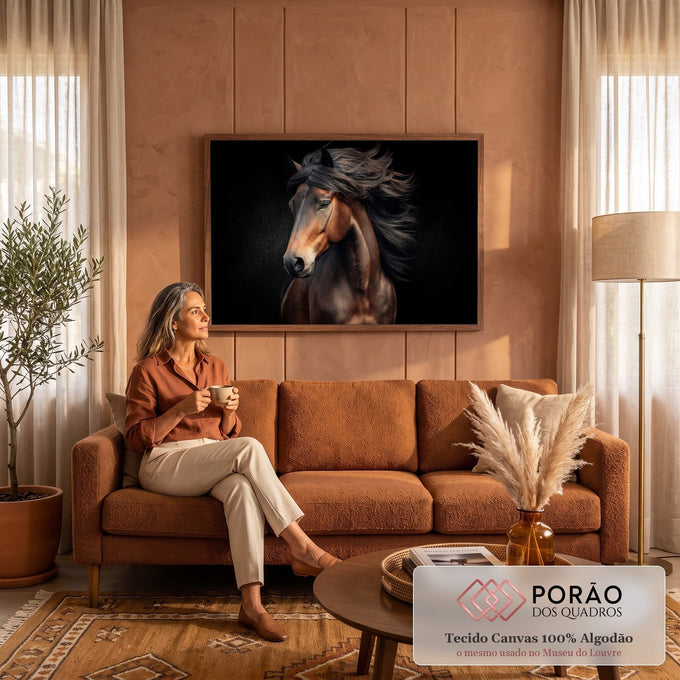 Retrato de cavalo castanho com crina escura esvoaçante e luz dramática sobre fundo preto, quadro decorativo