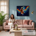 Busto grego de Zeus com tinta arco-íris escorrendo sobre fundo azul-marinho pincelado, quadro decorativo