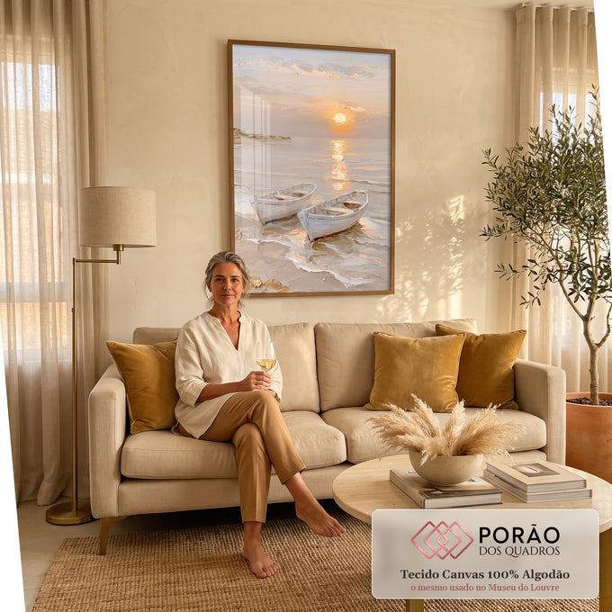 Quadro Decorativo Grande Barcos na Praia para Sala Bege | quadros decorativos para sala de estar | dois barcos brancos na praia com pôr do sol dourado refletido no mar | em ambiente 3 | Porao dos Quadros