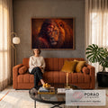 Quadro Decorativo Grande Jesus Dourado para Sala Marrom | quadros decorativos para sala de estar | retrato de Jesus com coroa de espinhos ao lado da cabeça de um leão dourado | em ambiente 3 | Porao dos Quadros