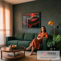 Quadro Decorativo Grande Montanhas ao Pôr do Sol para Sala | quadros decorativos para sala de estar | montanhas nebulosas ao pôr do sol com floresta coberta por linhas digitais vermelhas | em ambiente 3 | Porao dos Quadros
