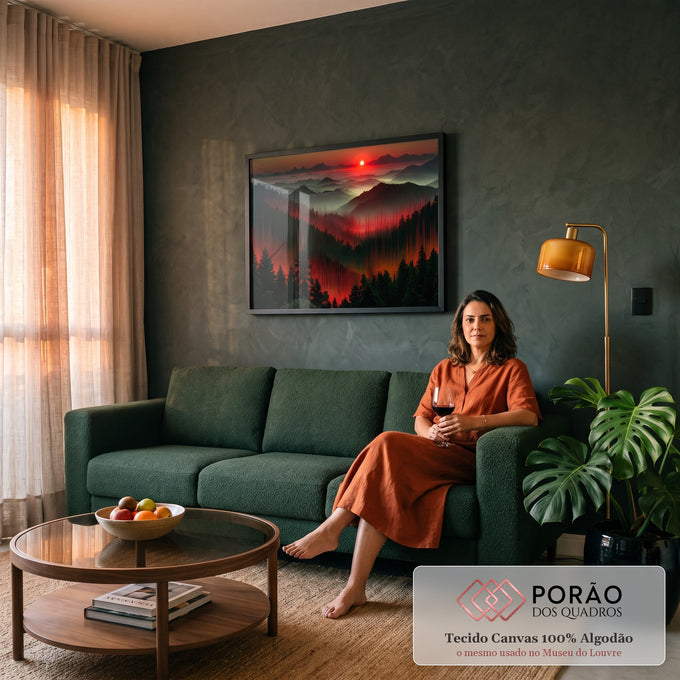 Quadro Decorativo Grande Montanhas ao Pôr do Sol para Sala | quadros decorativos para sala de estar | montanhas nebulosas ao pôr do sol com floresta coberta por linhas digitais vermelhas | em ambiente 3 | Porao dos Quadros