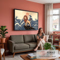 Quadro Decorativo Grande Leão com Juba de Fogo para Sala | quadros decorativos para sala de estar | leão sobre rocha com juba em chamas vermelhas e ondas japonesas azuis ao fundo | em ambiente 3 | Porao dos Quadros