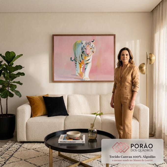 Tigre branco caminhando de frente em pinceladas pastel sobre fundo rosa, quadro decorativo