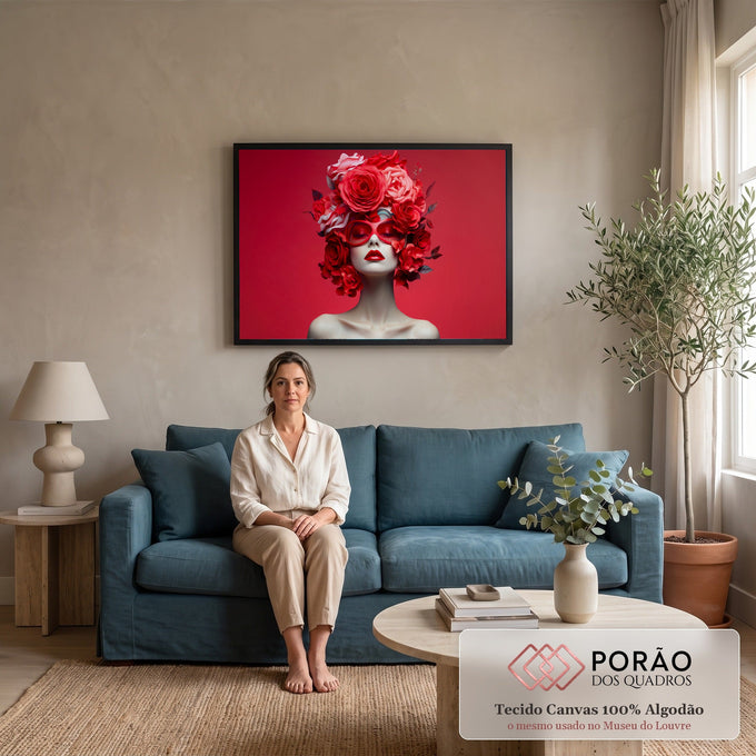 Mulher de óculos e lábios vermelhos com cabeça coberta de rosas em fundo vermelho, quadro decorativo