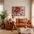 Quadro Decorativo Grande Bétulas com Folhas para Sala | quadros decorativos para sala de estar | árvores de bétula com folhas vermelhas e laranjas de outono e dois pássaros pousados | em ambiente 3 | Porao dos Quadros