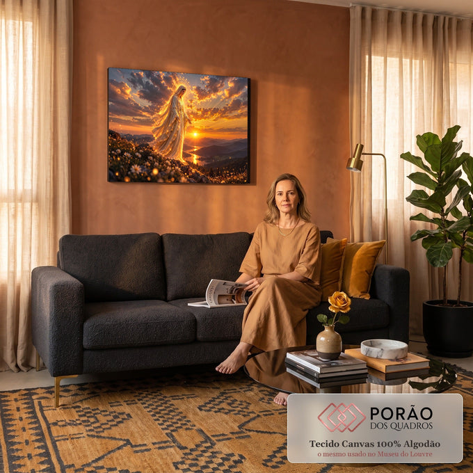 Nossa Senhora com auréola e manto luminoso sobre montanha ao pôr do sol laranja, quadro decorativo