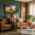 Leão, leoa e três filhotes na grama alta da savana sob céu alaranjado de pôr do sol, quadro decorativo