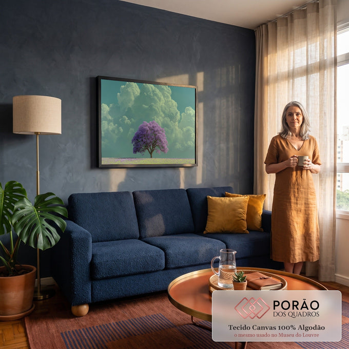 Quadro Decorativo Grande Árvore Roxa para Sala Roxo | quadros decorativos para sala de estar | árvore com flores roxas isolada em campo sob nuvens volumosas e céu esverdeado | em ambiente 3 | Porao dos Quadros