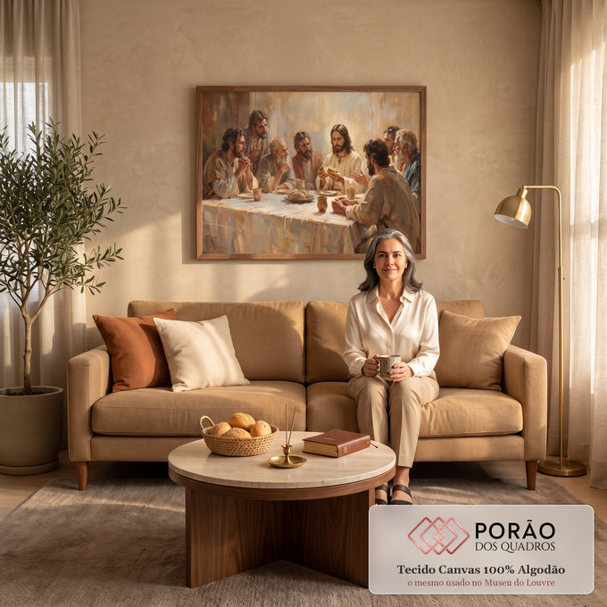 Quadro Decorativo Grande Última Ceia Bege para Sala | quadros decorativos para sala de estar | Jesus e oito apóstolos reunidos à mesa na Última Ceia em tons terrosos | em ambiente 3 | Porao dos Quadros