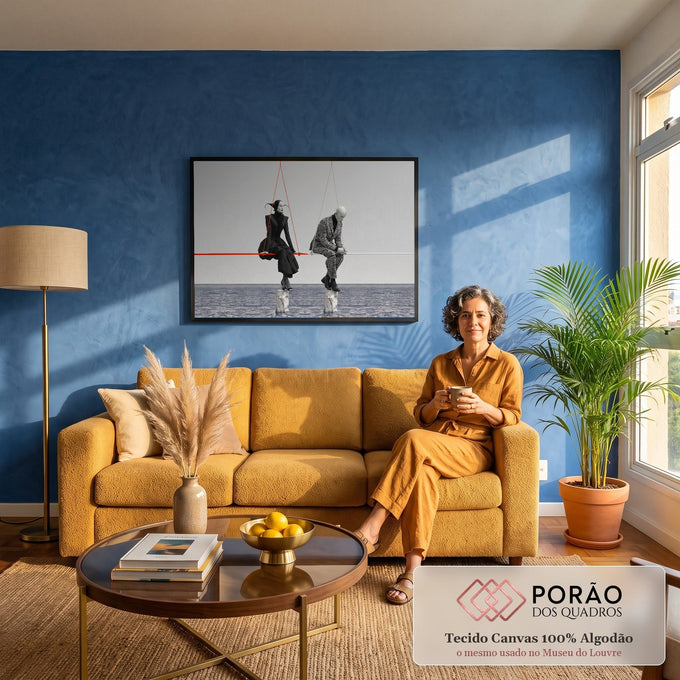 Quadro Decorativo Grande Manequins em Corda para Sala Preto | quadros decorativos para sala de estar | duas figuras estilizadas em preto e branco equilibradas numa corda bamba sobre o mar | em ambiente 3 | Porao dos Quadros