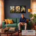 Quadro Decorativo Kit 3 Telas Jesus em Oração para Sala | quadros decorativos para sala de estar | homem em manto branco ajoelhado em oração entre florestas com raios de sol | em ambiente 3 | Porao dos Quadros