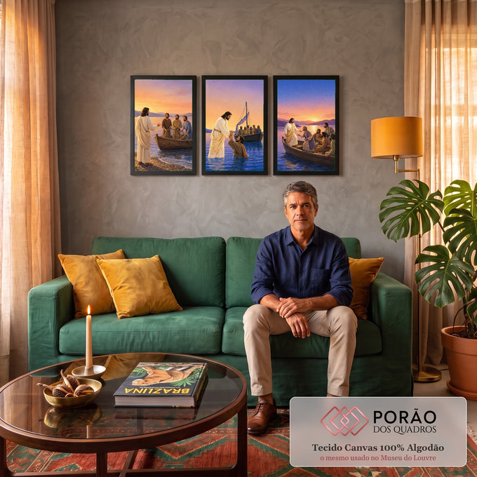 Quadro Decorativo Kit 3 Telas Jesus Chamando para Sala | quadros decorativos para sala de estar | Jesus chamando pescadores à beira-mar em três cenas ao entardecer | em ambiente 3 | Porao dos Quadros