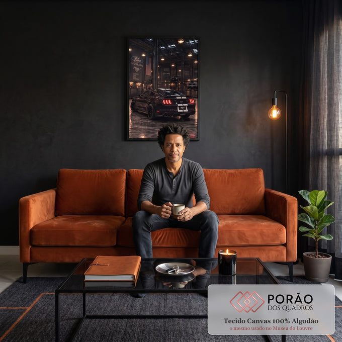 Quadro Decorativo Grande Mustang Visto de Trás para Sala | quadros decorativos para sala de estar | Mustang preto visto de trás com faixas brancas em garagem iluminada | em ambiente 3 | Porao dos Quadros
