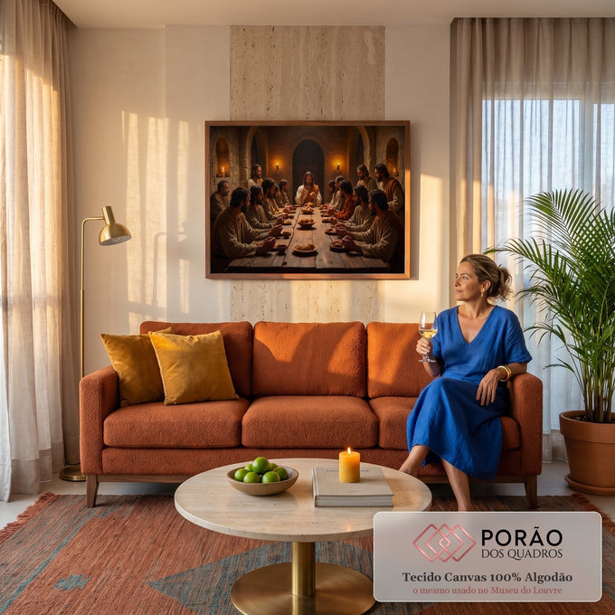 Jesus parte o pão com os apóstolos em mesa de madeira sob arcos de pedra e velas, quadro decorativo