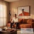 Quadro Decorativo Grande Homem de Chapéu para Sala Vermelho | quadros decorativos para sala de estar | figura estilizada de chapéu branco e casaco vermelho segurando um cigarro | em ambiente 3 | Porao dos Quadros