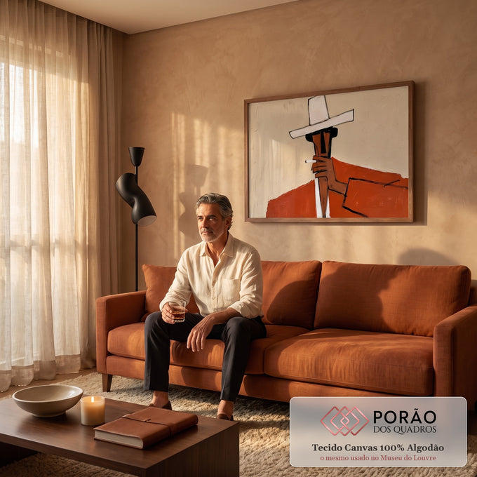 Quadro Decorativo Grande Homem de Chapéu para Sala Vermelho | quadros decorativos para sala de estar | figura estilizada de chapéu branco e casaco vermelho segurando um cigarro | em ambiente 3 | Porao dos Quadros