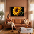 Girassol amarelo em close com gotas de água nas pétalas e folha verde sobre fundo preto, quadro decorativo