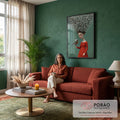 Mulher surreal de vestido vermelho com cabelo de dente de leão e pássaro, fundo verde, quadro decorativo