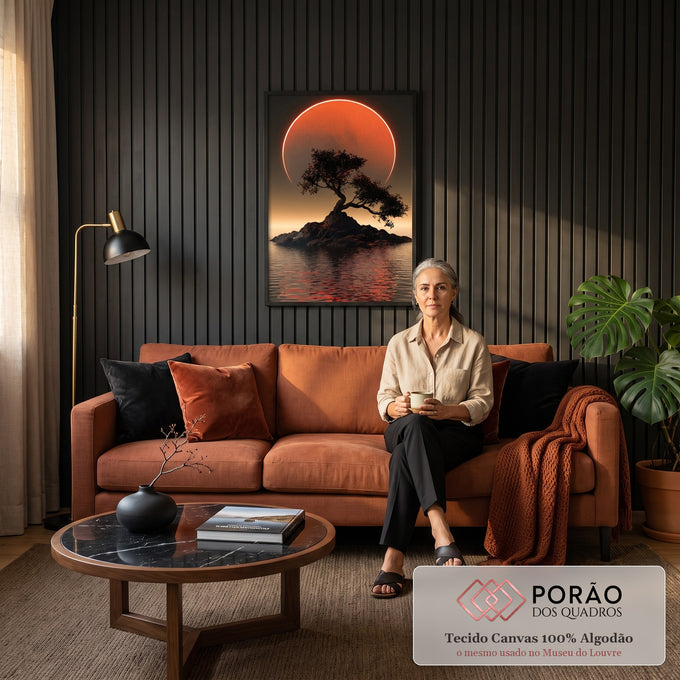 Árvore bonsai em silhueta sobre ilha rochosa, eclipse laranja e reflexo no mar escuro, quadro decorativo