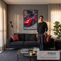 Porsche 911 GT3 RS vermelho com capô de carbono e rodas bronze em rua de paralelepípedos, quadro decorativo