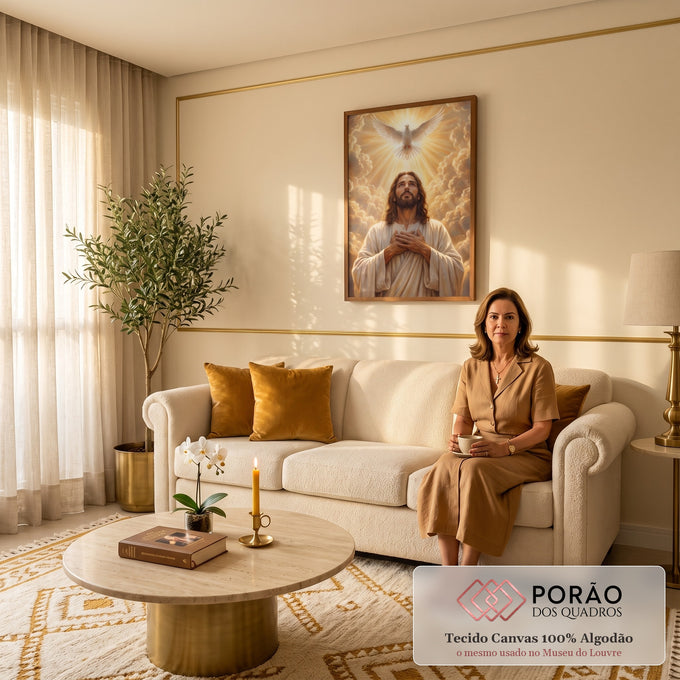 Quadro Decorativo Grande Jesus Cristo Pomba para Sala | quadros decorativos para sala de estar | Jesus Cristo olhando ao céu com mãos sobre o peito e pomba branca em luz dourada | em ambiente 3 | Porao dos Quadros