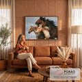Quadro Decorativo Grande Cavalos Selvagens para Sala Marrom | quadros decorativos para sala de estar | quatro cavalos correndo com crinas ao vento contra céu nublado | em ambiente 3 | Porao dos Quadros