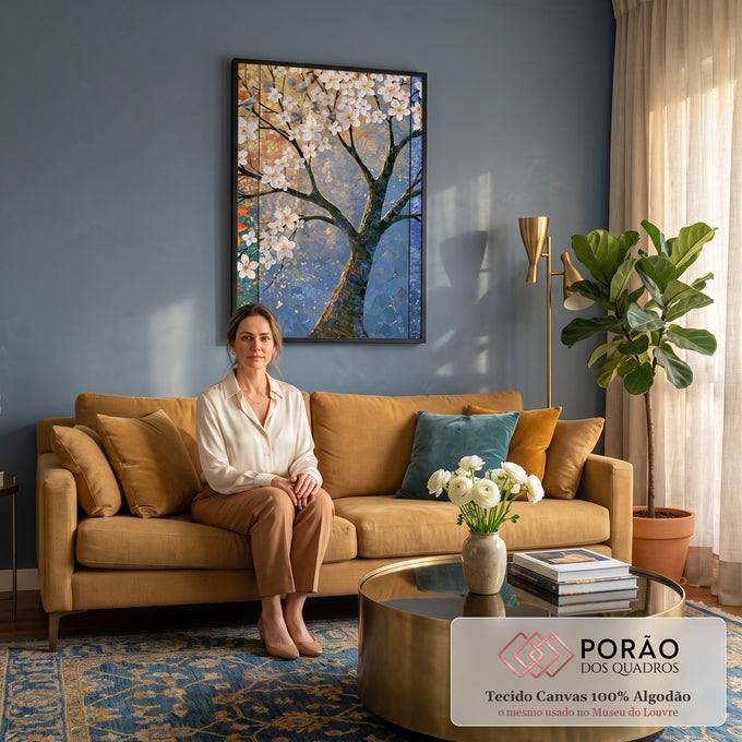 Quadro Decorativo Árvore de Flores Brancas com Fundo | quadros decorativos para sala de estar | árvore com flores brancas e tronco em relevo sobre fundo dourado e azul | em Quadros para Escritorio | Porao dos Quadros