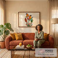 Quadro Decorativo Grande Folhas para Sala Laranja | quadros decorativos para sala de estar | folhas coloridas com rostos de pássaros, flores e borboletas em fundo bege | em ambiente 3 | Porao dos Quadros
