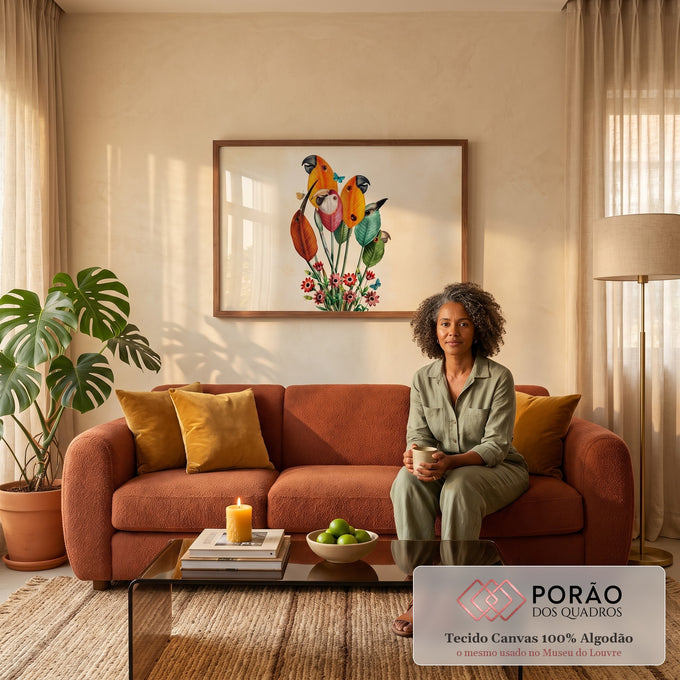 Quadro Decorativo Grande Folhas para Sala Laranja | quadros decorativos para sala de estar | folhas coloridas com rostos de pássaros, flores e borboletas em fundo bege | em ambiente 3 | Porao dos Quadros