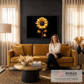 Girassol dourado com textura metálica, miolo preto e folhas douradas sobre fundo preto, quadro decorativo