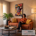 Quadro Decorativo Retrato Tribal com Retalhos e Flor | quadros decorativos para sala de estar | rosto feminino com retalhos coloridos costurados e flor listrada ao lado | em ambiente 3 | Porao dos Quadros