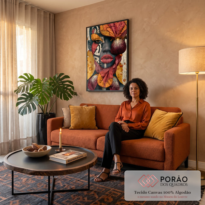 Quadro Decorativo Retrato Tribal com Retalhos e Flor | quadros decorativos para sala de estar | rosto feminino com retalhos coloridos costurados e flor listrada ao lado | em ambiente 3 | Porao dos Quadros