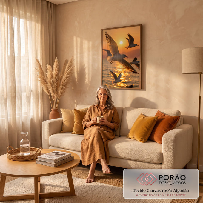 Gaivotas de asas abertas voando sobre o mar ao pôr do sol laranja com reflexo dourado, quadro decorativo