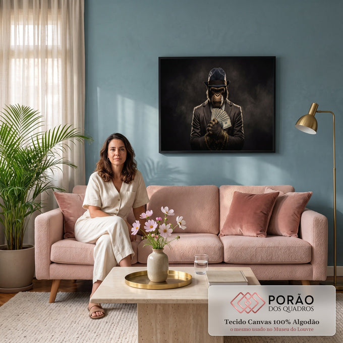 Gorila de terno e chapéu segurando notas de dólar com correntes douradas em fundo escuro, quadro decorativo