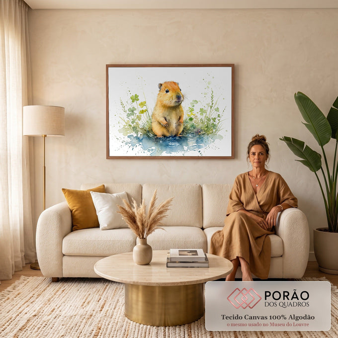 Filhote de roedor em aquarela sentado na água entre trevos verdes e respingos sobre fundo branco, quadro decorativo