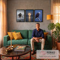 Quadro Decorativo Kit 3 Telas Águias e Lua para Sala Azul | quadros decorativos para sala de estar | trio de telas com águias-de-cabeça-branca e lua cheia refletida no mar | em ambiente 3 | Porao dos Quadros