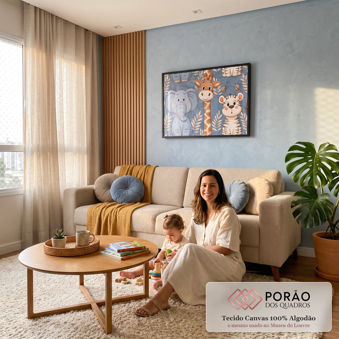 Elefante, girafa e zebra fofos em desenho cartoon com folhas bege sobre fundo azul, quadro decorativo