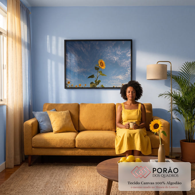 Quadro Decorativo Grande Girassol em Campo para Sala Amarelo | quadros decorativos para sala de estar | girassol em destaque contra céu azul com campo de girassóis ao fundo | em ambiente 3 | Porao dos Quadros