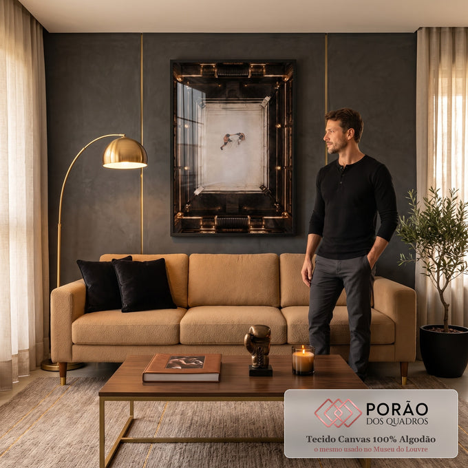 Quadro Decorativo Grande Vista para Sala Preto | quadros decorativos para sala de estar | vista aérea de ringue de boxe com dois lutadores em ambiente de mármore preto e dourado | em ambiente 3 | Porao dos Quadros