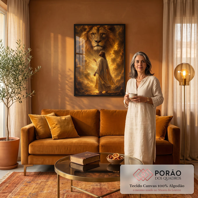 Quadro Decorativo Grande Leão e Jesus Dourado para Sala | quadros decorativos para sala de estar | homem de manto claro olhando para um leão dourado gigante em nuvens de fogo | em ambiente 3 | Porao dos Quadros