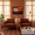 Quadro Decorativo Grande Pôr do Sol Montanhas para Sala | quadros decorativos para sala de estar | pôr do sol laranja entre montanhas em silhueta com céu dramático | em ambiente 3 | Porao dos Quadros
