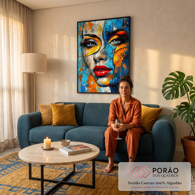Rosto de mulher com textura craquelada em azul e laranja, olhos azuis e batom vermelho, quadro decorativo