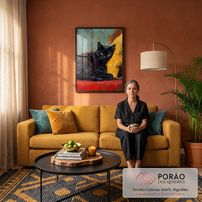 Quadro Decorativo Gato Preto de Olhos Amarelos em Pintura | quadros decorativos para sala de estar | gato preto de olhos amarelos deitado sobre tecido vermelho e almofada amarela | em Quadros para Escritorio | Porao dos Quadros