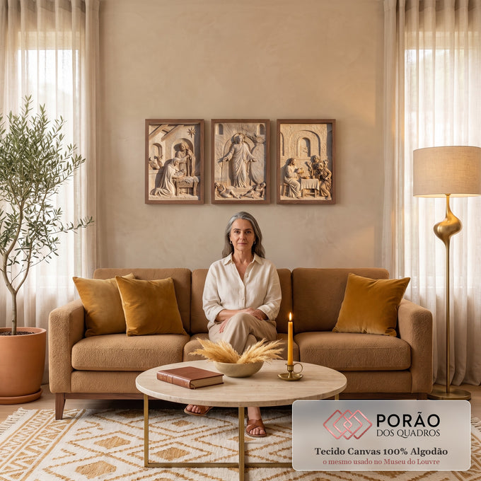 Quadro Decorativo Grande Relevo para Sala Bege | quadros decorativos para sala de estar | painel em relevo bege com natividade, ressurreição de Jesus e última ceia | em ambiente 3 | Porao dos Quadros