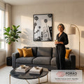 Fotografia preto e branco da fachada do Beverly Hills Hotel com letreiro e palmeiras altas, quadro decorativo
