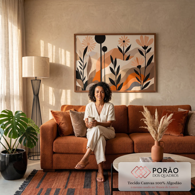 Quadro Decorativo Grande Flores Pretas para Sala Preto | quadros decorativos para sala de estar | flores pretas e pêssego estilizadas sobre colinas abstratas em laranja e bege | em ambiente 3 | Porao dos Quadros